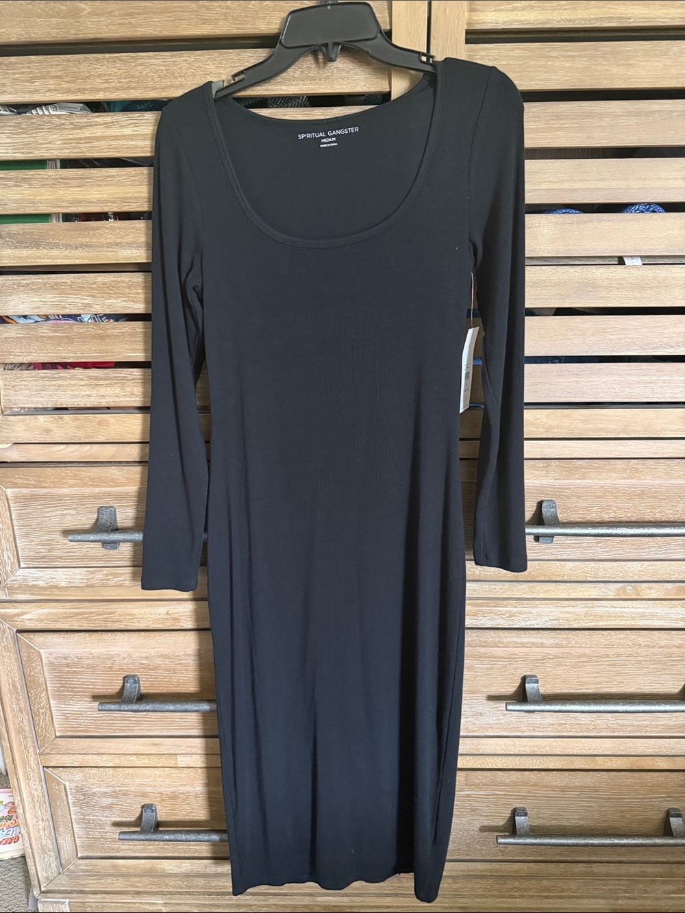 Spiritual Gangster Black Long Sleeve Scoop-Neck Midi Dress